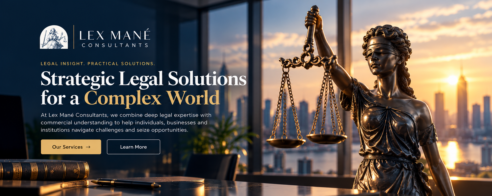 Lex Mané Consultants. Strategic Legal Solutions for a Complex World. Lady Justice in a modern office setting.